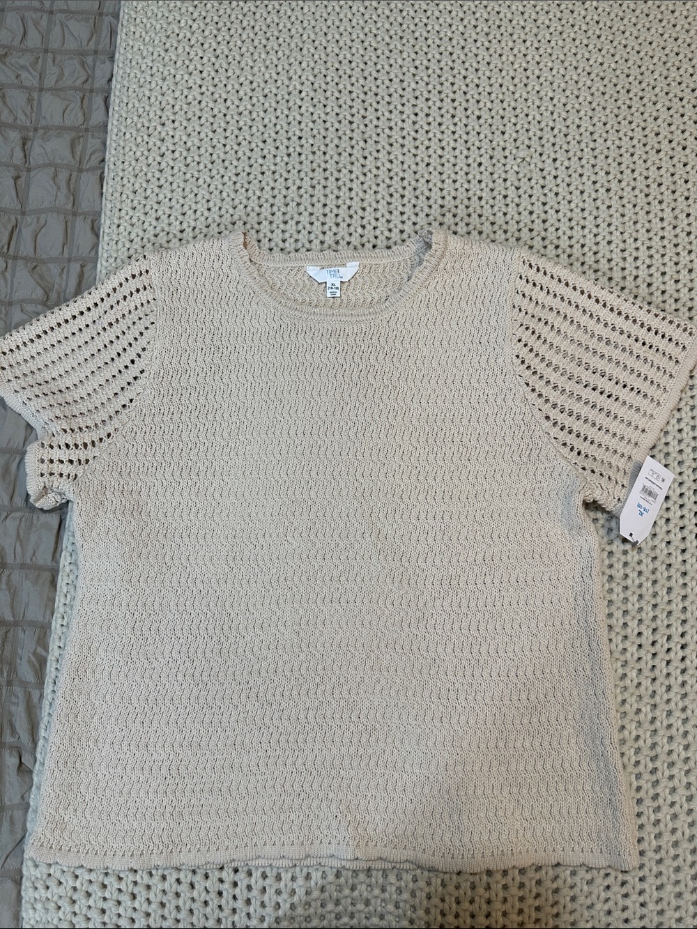 NWT Time and Tru Light Beige/Cream Crochet Short Sleeve Sweater, XL